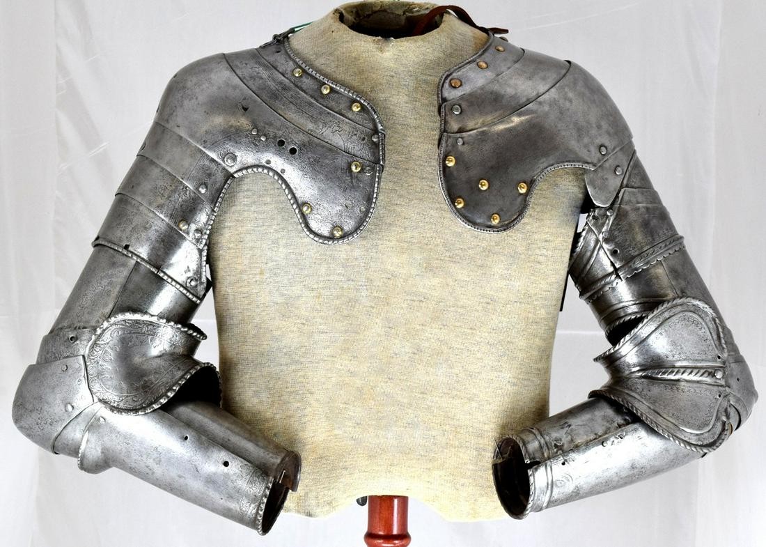 Rare 15th-17th C. Pair of Large Size Arms for a: Rare 15th-17th C. Pair of Large Size Arms for a Knight's Suite of Armor with Etched Decorations and Brass Capped Rivets ~ English German or Italian. Detailed condition reports are not included in this