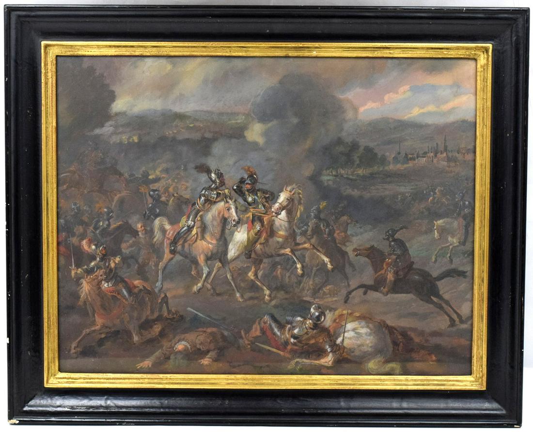 Louis Moritz Netherland Pastel Painting Battle Of: Very fine antique pastel painting "Battle of Nieuwpoort" by listed Netherland artist Louis Moritz (1773-1850 ). Painter and draughtsman of historical scenes and portraits, mainly active in The Hague, 