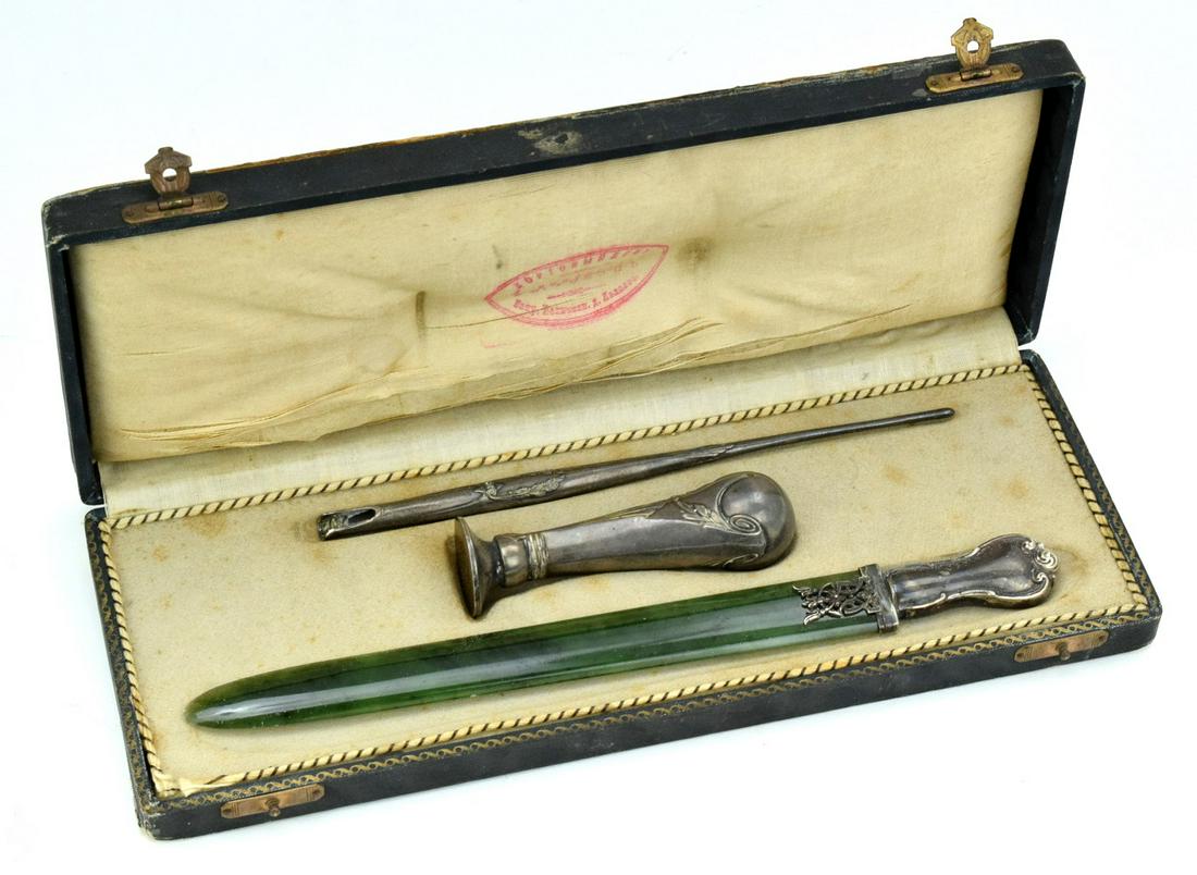Rare Russian Set of Pen, Seal and Letter Opener in: Rare Russian Set of Pen, Seal and Letter Opener in Original Box. Circa 19th century. Sterling Silver. Letter opener with Jade Blade. Excellent quality. Detailed condition reports are not included in t