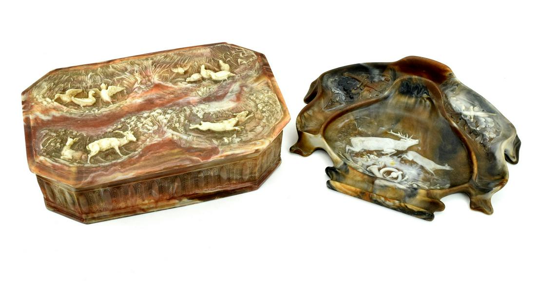 Fine Russian Marble Set of Cigar Box and Ashtray: Antique Russian Multicolor Marble Set of Cigar Case and Ashtray. with fine stone carving depicting Hunting scene with birds, deers and other animals. Detailed condition reports are not included in thi