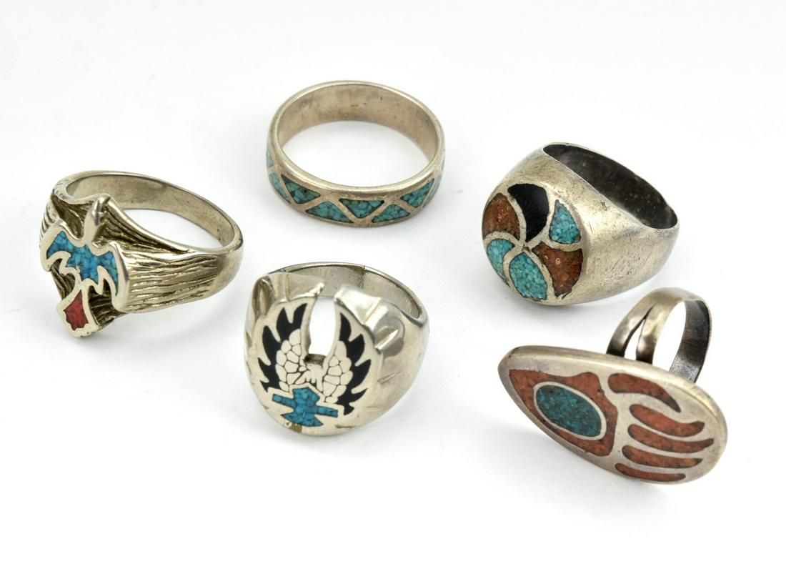 Lot of 5 Old Native American Sterling Silver Inlaid: Lot of 5 Vintage Native American Sterling Silver Multi Stones inlaid Rings. Marked. Total Weight: 61.8 grams.Sizes 9 - 10.Shows minor wear and use consistent with age. Please review images for conditi