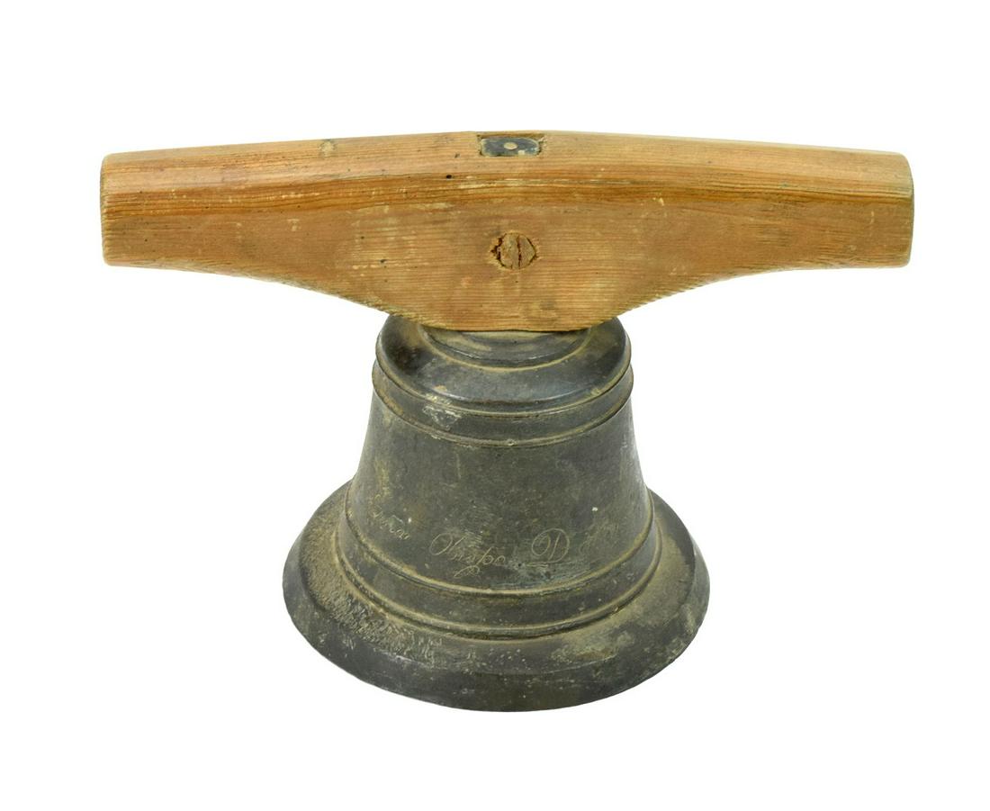 19th Century Spanish Colonial School or Church bell.: 19th Century Spanish Colonial School or Church bell. Dated 1870. Inscribed in Latin. Wood handle (looks like handle later period)Provenance - Robert (Bob) N. Green began collecting in the NYC area inn