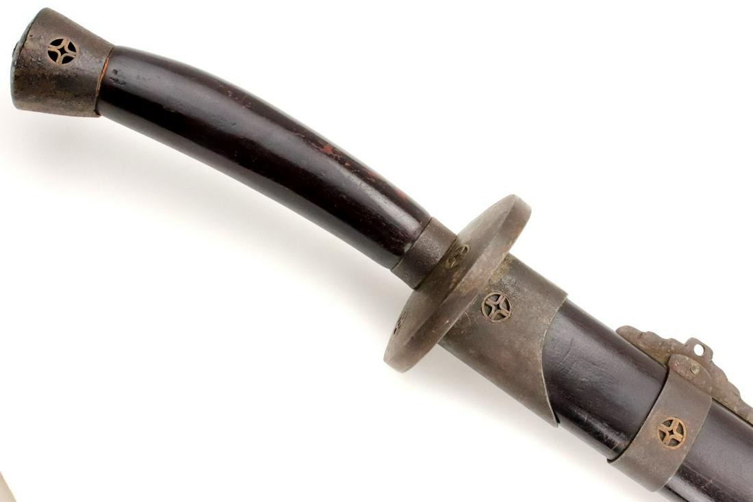 Rare Qing Dynasty Chinese Warrior's DAO Battle Sword ~: Rare Qing Dynasty Chinese Warrior's DAO Battle Sword ~ Strong Watered Steel Damascus Blade ~ Red Wood & Iron Mounts with Inlaid Brass Imperial Seals.Total Length (inside scabbard if present) : 36 1/2"