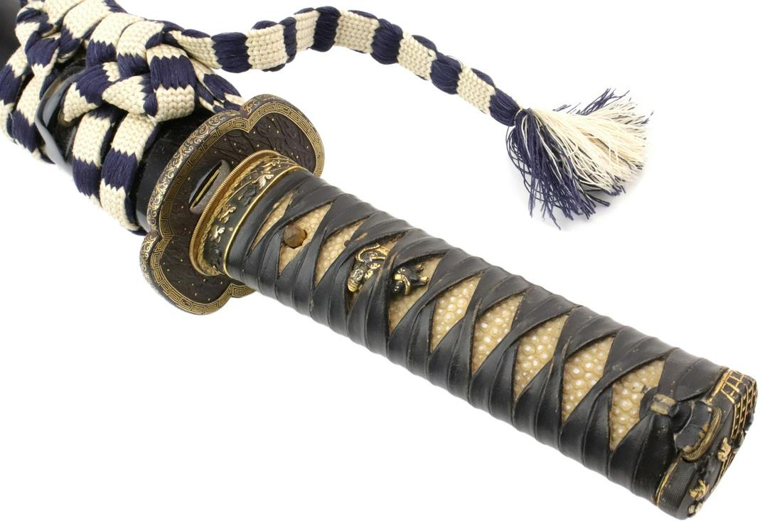 Exquisite Japanese Samurai WAKIZASHI Sword ~ Signed: Exquisite Japanese Samurai WAKIZASHI Sword ~ Signed SUKEMUNE ~ Shinto Blade. Fabulous example of the Samurai weapons Art, featuring finest quality iron mounts with extensive chiseled and gold inlaid d