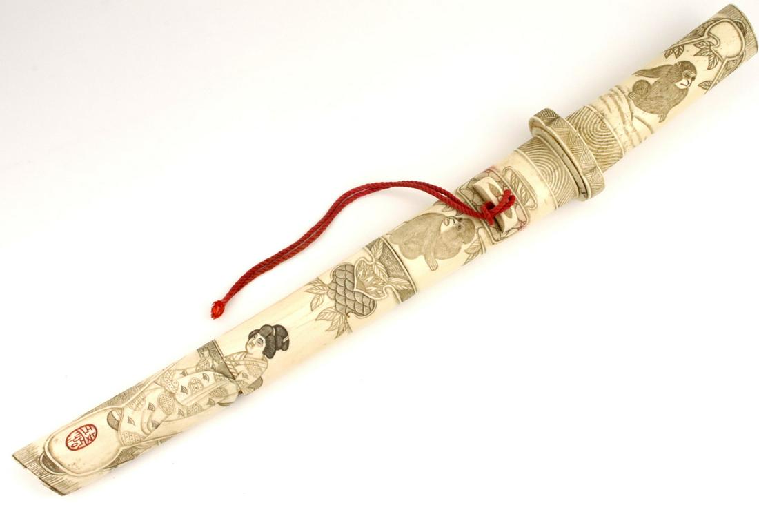 Nice MeiJi era Japanese Tanto Dagger in Carved Bone: Nice MeiJi era Japanese Tanto Dagger in Carved Bone Mounts with Monkeys and Geishas ~ Signed by Carver. Total Length (inside scabbard if present) : Blade Length : Detailed condition reports are not in