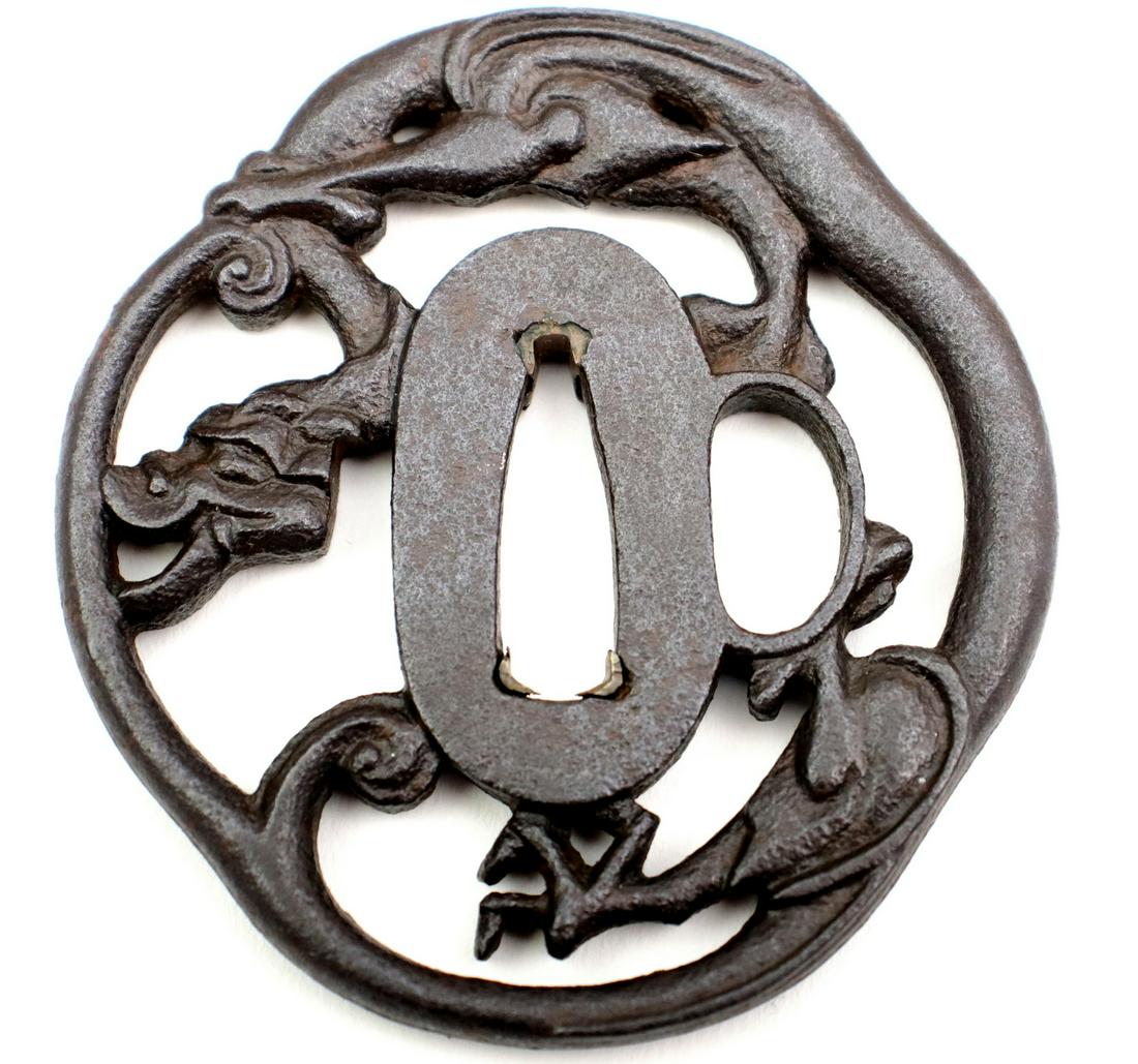 Early Edo Japanese Sword Tsuba ~ AKASAKA School ~ Old: Early Edo Japanese Sword Tsuba ~ AKASAKA School ~ Old NBTHK (Green Papers) for TUKUBETSU KICHU (Extraordinary Work). Thick Iron with wonderful open-work Dragon.Diameter : 2 3/4" x 2 5/8". Detailed con