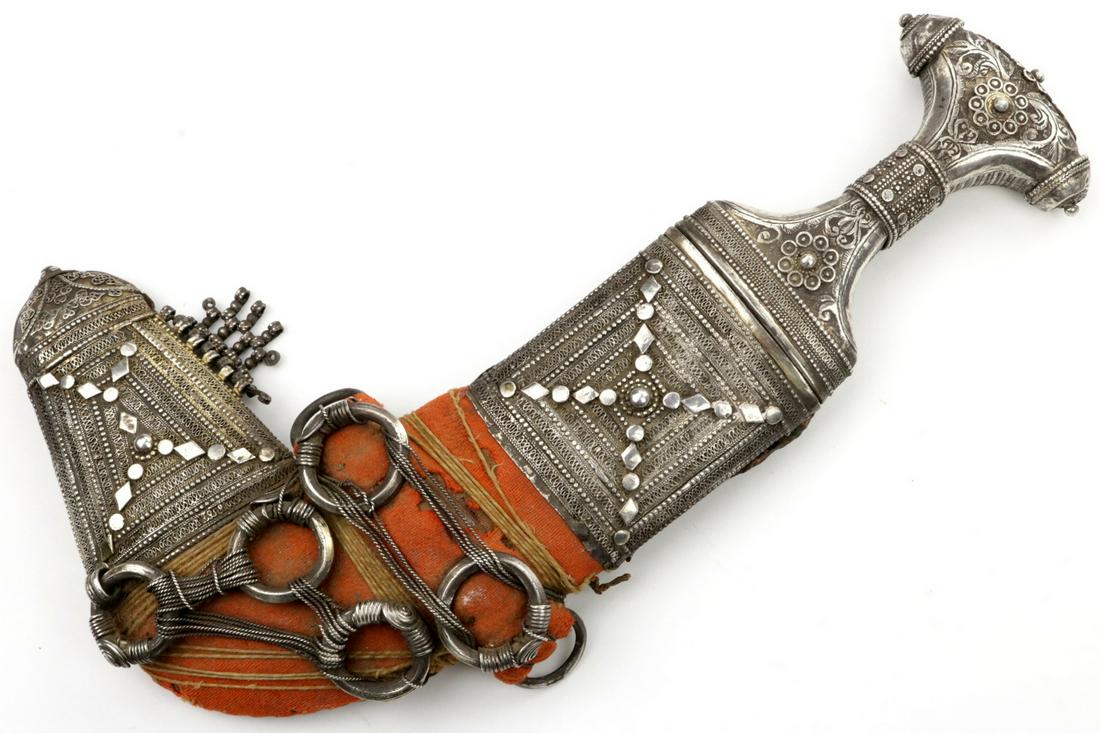 Fine 19th C. Islamic Arabic High-Rank Officers JAMBIYA: A Fine 19th C. Islamic Arabic High-Rank Officers JAMBIYA Dagger in Wonderful Silver Mounts. Total Length (inside scabbard if present) : 12", Blade Length : 7 3/4" Blade Width : 2 1/8"