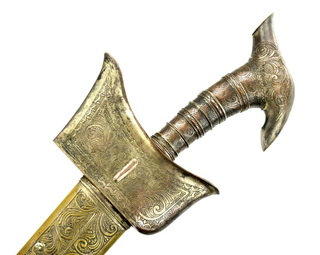 Rare Philippine Moro Battle KRIS Sword in Silvered: Rare Philippine Moro Battle KRIS Sword in Silvered Copper Mounts ~ Strong Blade Copper & Brass Inlaid. Late 19th - early 20th Century.Total Length (inside scabbard if present) : 28 1/2"Blade Length : 