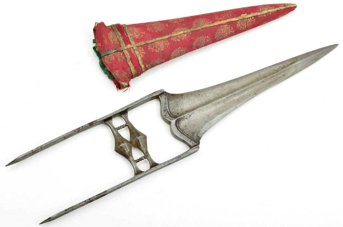 Good Early 18th C. Mogul Indian KATAR Dagger of Wootz: Good Early 18th C. Mogul Indian KATAR Dagger of Wootz Damascus Steel with Fine Embroidered Scabbard. Total Length (inside scabbard if present) : 15"Blade Length : 8"Detailed condition reports are not 