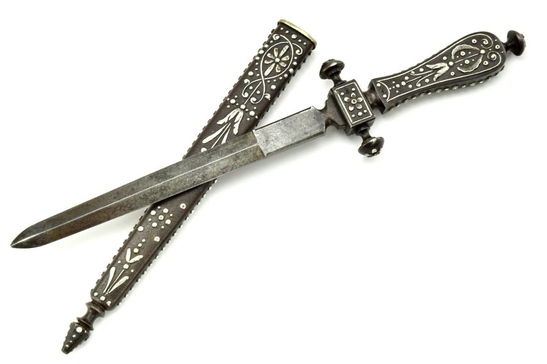 Exquisite 18th-19th C. French or Italian Stiletto: Exquisite 18th-19th C. French or Italian Stiletto Dagger with Silver Inlaid Steel Mounts.Total Length (inside scabbard if present) : 9 1/4"Blade Length : 5"Detailed condition reports are not included