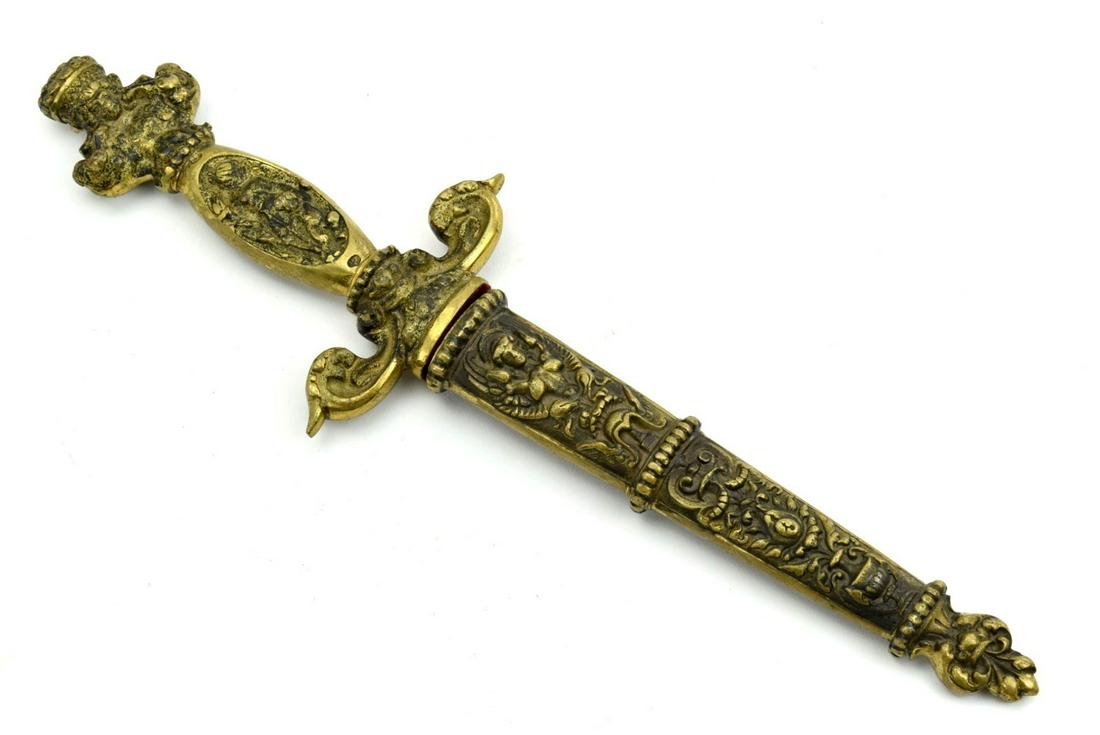 Nice German Bronze Mounted Romantic Dagger with Figural: Nice German Bronze Mounted Romantic Dagger with Figural Details & Beautiful Mirrored Blade ~ Maker Marked.Total Length (inside scabbard if present) : 11 1/4"Blade Length : 4 3/4"Detailed condition rep
