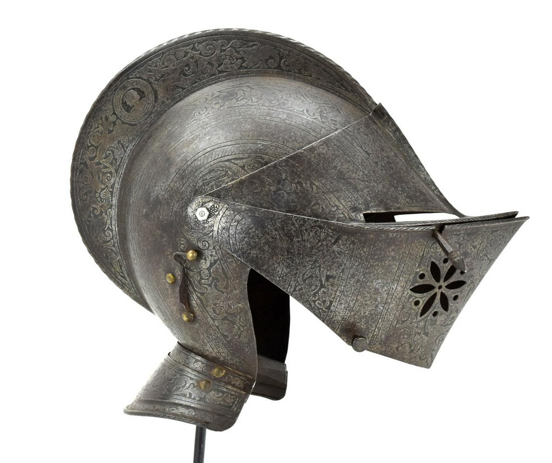 Impressive 16th-17th C. Style Italian or German Closed: Impressive 16th-17th C. Style Italian or German Closed Burgonet Helmet with Wonderful Etched Decorations. The rivets holding both the liftable Visors have been replaced with modern knots. Height : Det