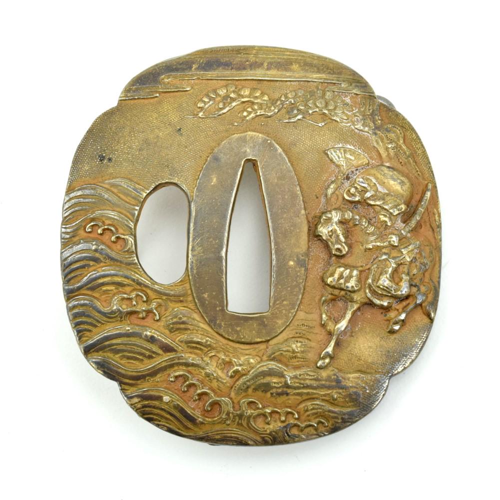 Fred Lohman Sterling Silver Vermeil Tsuba Design Belt: Very attractive antique style sterling silver/gold wash tsuba belt buckle by Fred Lohman, Portland, Oregon. Fine quality and details. Marked with maker's name.Size : 2 3/4" X 2 1/2"Weight : 117.7gm