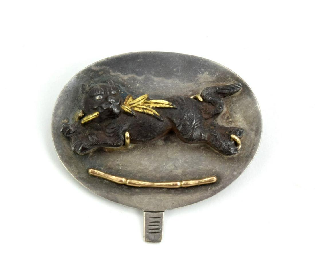 Fine Silver Gold Mixed Metal Japanese Style Pin Brooch: Very fine Japanese style silver gold mixed metal pin/brooch. Tiger with gold leaf. Very cool details. Unmarked.Length : 1 1/2" X 1 1/2"