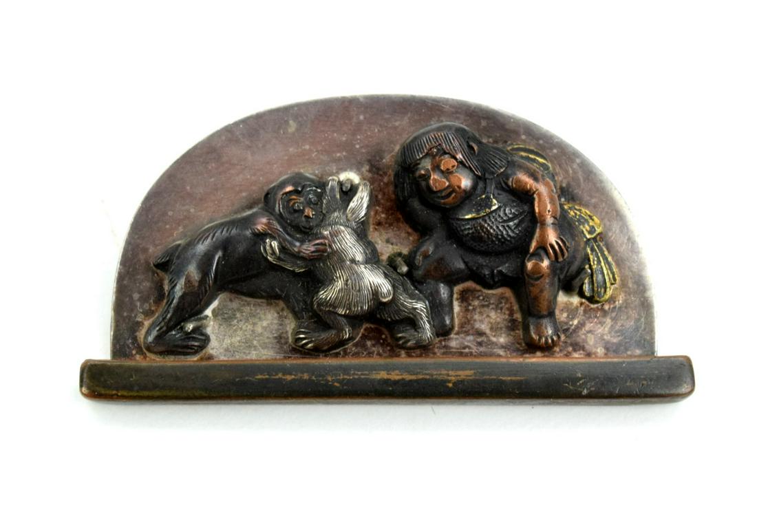 Fine Japanese Style Mixed Metal Silver Pin Brooch: Fine quality silver Japanese style mixed metal Samurai playing with monkey and rabbit design pin/brooch. Unmarked.Length : 2"