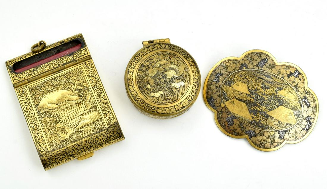 Lot Of 3 Antique Japanese Jewelry Pieces: Very fine lot of 3 antique Meiji period engraved Japanese jewelry items. Match holder, fine locket and pin/brooch. Pin engraved on the back with owner's name.