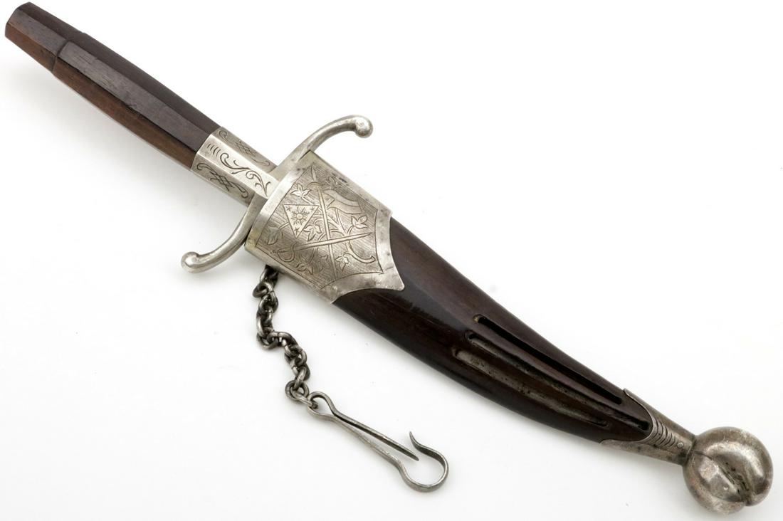 Unusual 18th-19th C. Middle Eastern Silver Mounted: Unusual 18th-19th C. Middle Eastern Silver Mounted Dagger Dirk ~ Turkish, Greek or Balkan. With a bull horn grip and profusely engraved silver mounts. Unusual curved double edged blade and silver chai