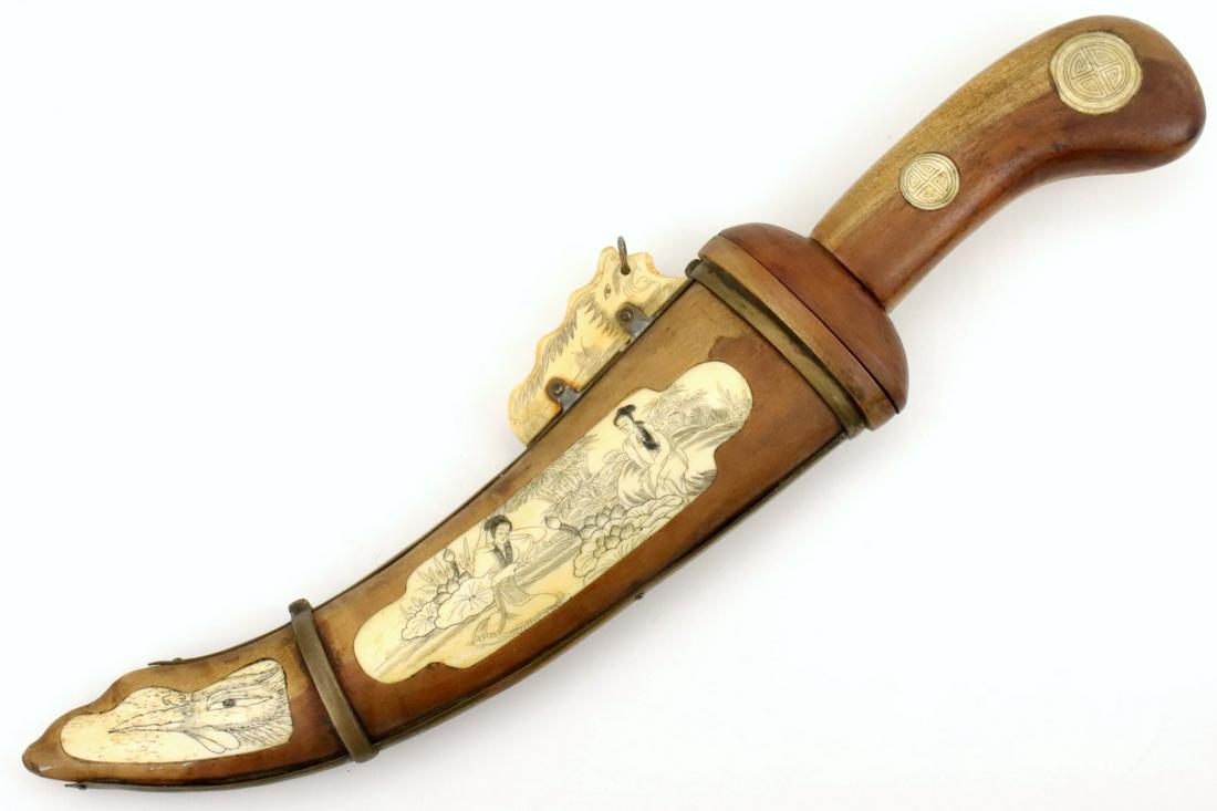 Nice Large Chinese Knife Dagger with Fine Scrimshaw: Nice Large Chinese Knife Dagger with Fine Scrimshaw Inlays Showing Women, Birds & Chinese Imperial Seals ~ Strong Blade. Total Length (inside scabbard if present) : 15" Blade Length : 8 1/4". Detailed