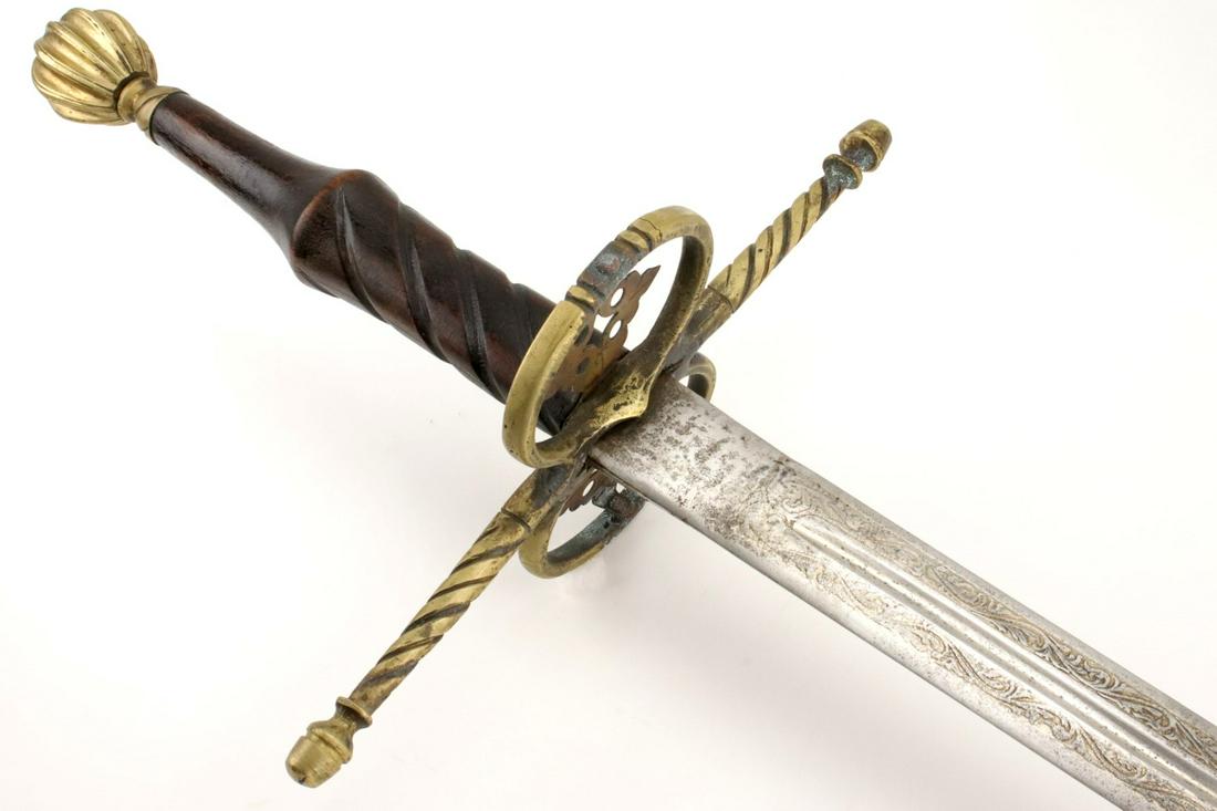 Large Victorian BASTARD Hand-and-Half Sword of 16th C.: Large Victorian BASTARD Hand-and-Half Sword of 16th C. Style ~ German or Italian ~ Gilt Brass Mounts ~ Silver Inlaid Blade.Total Length (inside scabbard if present) : 48 1/2" Blade Length : 39". Detai