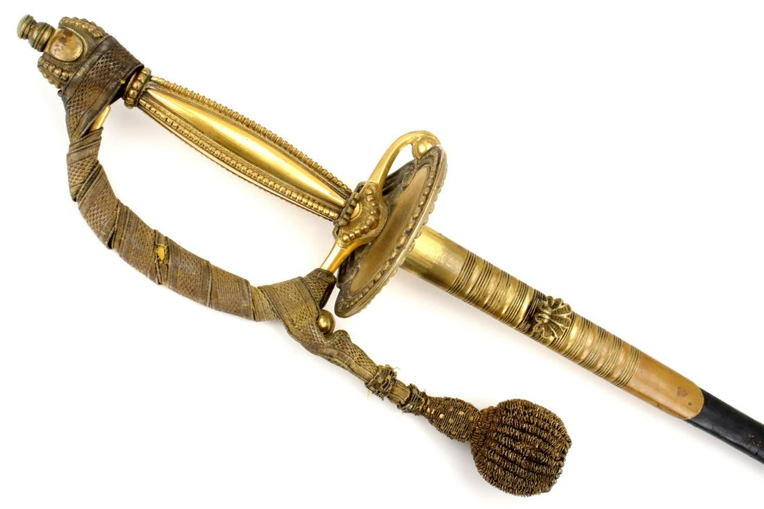 Nice 19th C. English Court Officer's Rapier Sword in: Nice 19th C. English Court Officer's Rapier Sword in Gold Gilt Mounts ~ Well Etched Blade ~ London Maker Marked ~ Original Tassel. Total Length (inside scabbard if present) : 37 1/2" Blade Length : 30
