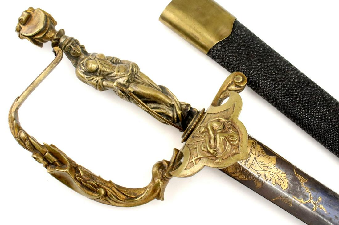 Beautiful 19th C. US Navy Officer's Presentation Grade: Beautiful 19th C. US Navy Officer's Presentation Grade Sword with Figural LADY LIBERTY Statue Grip. A fabulous naval officer's weapon, most likely to predate the Civil War period, featuring wonderful 