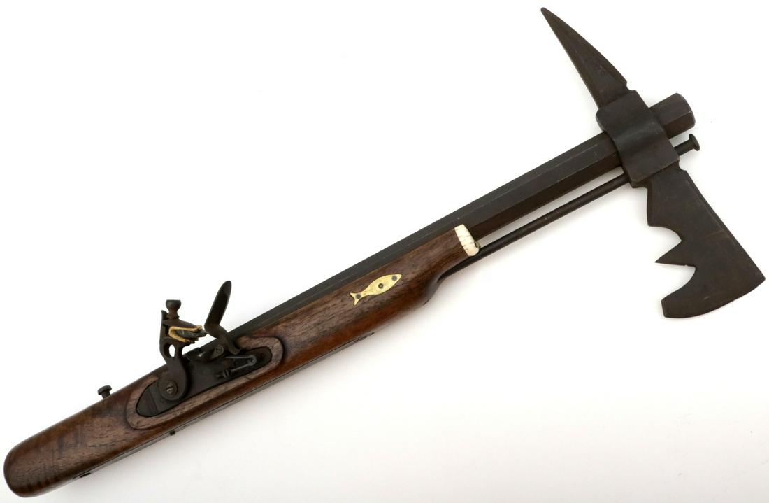 Very Cool 19th C. French or Belgium Combination Naval: Very Cool 19th C. French or Belgium Combination Naval Navy Boarding Ax ~ Flint-Lock Carbine. Very well built example with powerful octagonal gun barrel of transitional length between a pistol and a ri