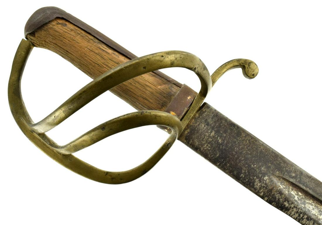 Unusual 19th C. Mexican Cavalry Sword ~ Blade with: Unusual 19th C. Mexican Cavalry Sword ~ Blade with Large Struck Maker's Mark ~ Brass & Iron Hilt Mounts. Total Length (inside scabbard if present) : 32" Blade Length : 27 1/4". Detailed condition repo
