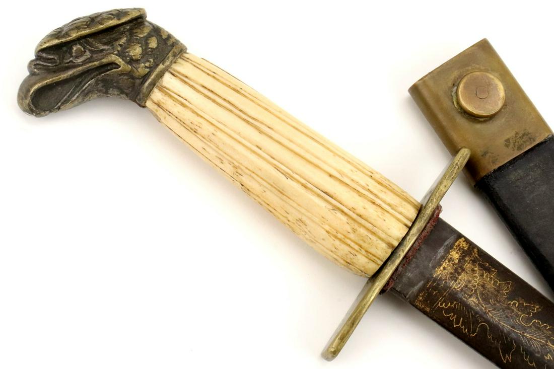 Interesting American Civil War era Fighting Knife made: Interesting American Civil War era Fighting Knife made from Earlier Eagle Head Sword ~ Possibly Confederate Used. Total Length (inside scabbard if present) : 15 1/4" Blade Length : 10". Detailed condi
