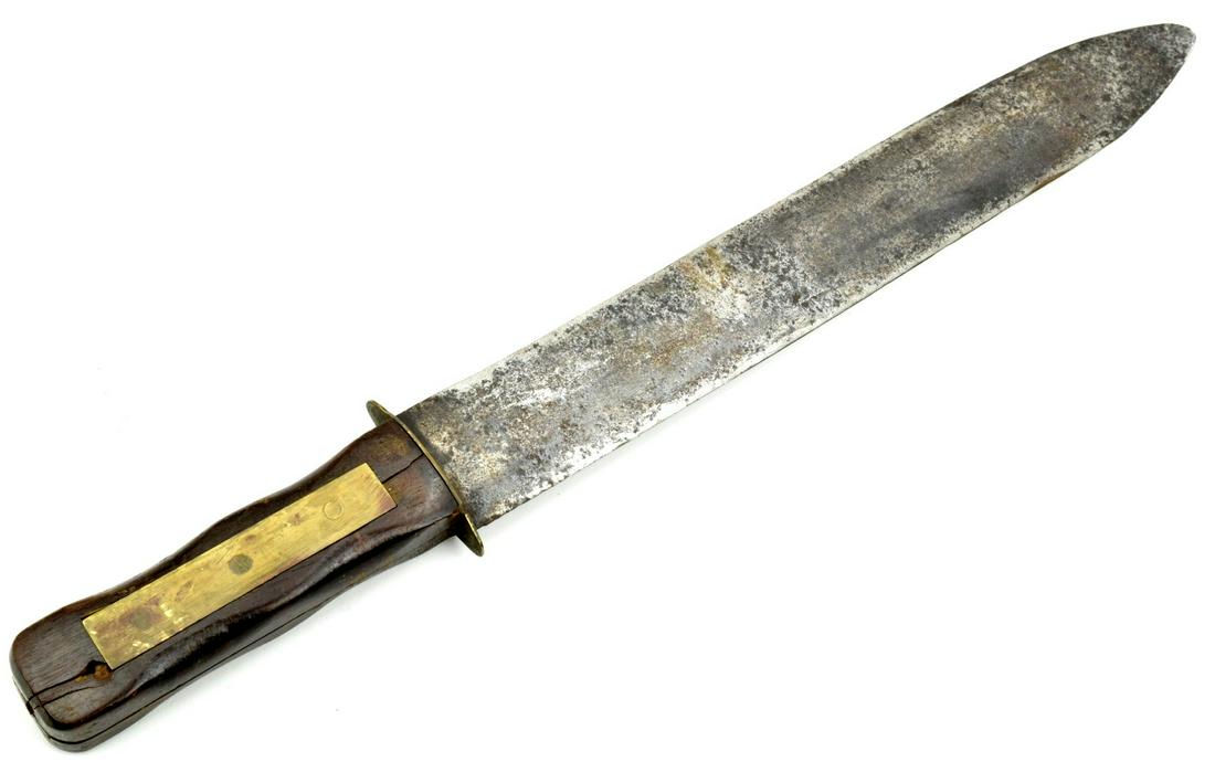 American Civil War era Large Confederate Coffin-Handle: American Civil War era Large Confederate Coffin-Handle Bowie Knife ~ Massive Wood & Brass Grip ~ Broad Spear-Point Dagger Blade. Total length (inside scabbard if present) : 24 1/2"Blade length : 14 1/