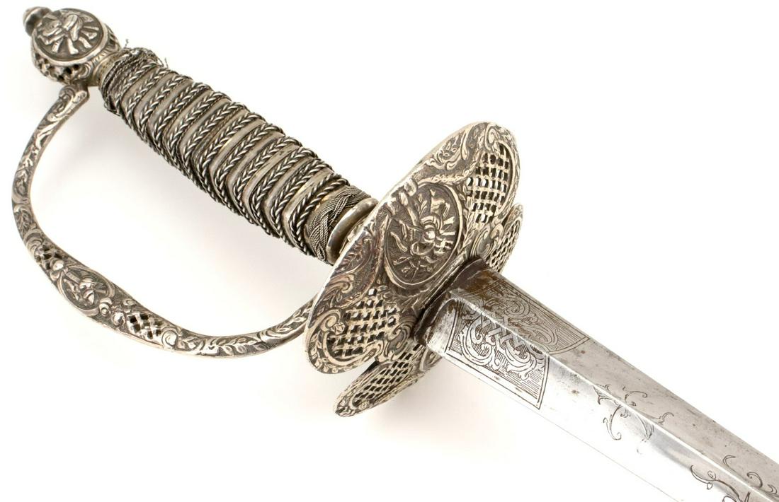Fine 18th C. English or French Silver Hilt Rapier Sword: LIVEAUCTIONEERS.COM BIDDERS, PLEASE VIEW MANY MORE DETAILED PHOTOS IN HIGHER RESOLUTION ON OUR WEBSITE sofedesignauctions.com AS LIVEAUCTIONEERS ONLY ALLOWS 20 PHOTOS. THANK YOU ~ ! ~~~~~~ Fine 18th C