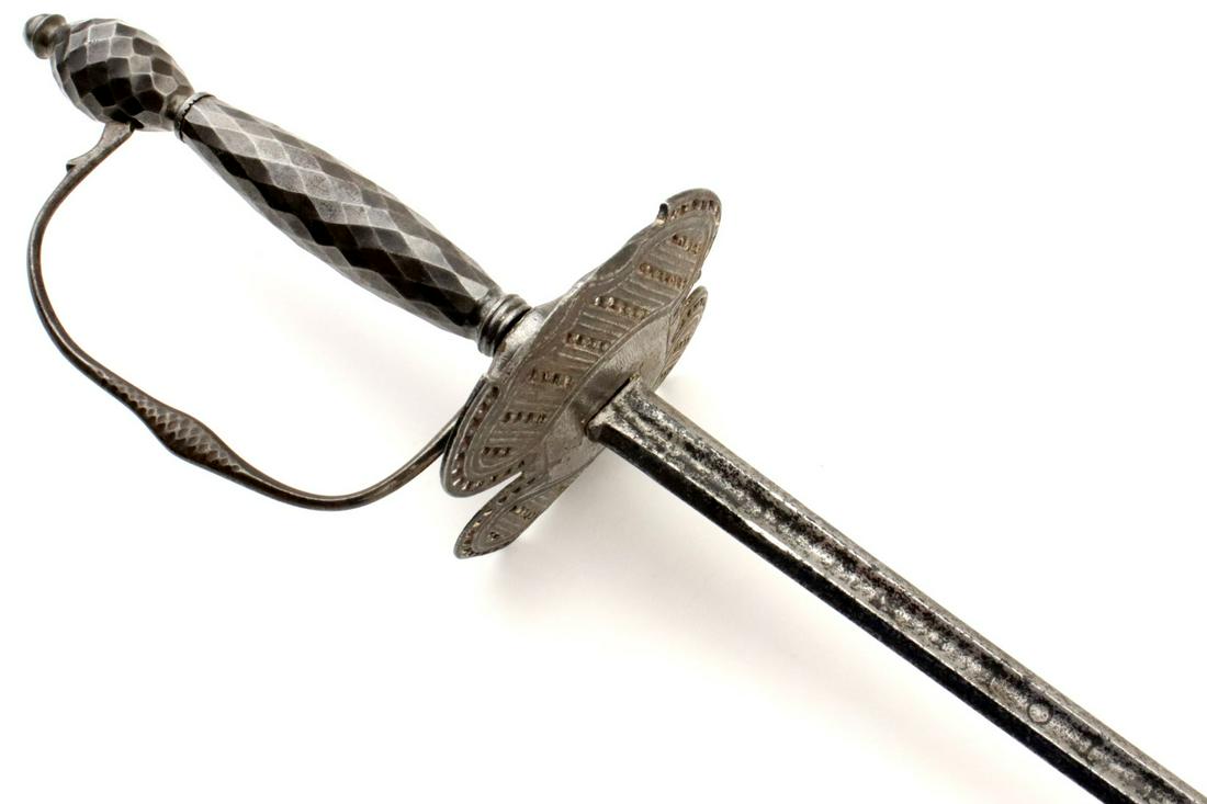 Early Transitional 17th-18th C. Spanish Rapier Sword ~: Early Transitional 17th-18th C. Spanish Rapier Sword ~ Cut Steel Mounts ~ Blade Marked "IN TOLEDO" ~ American Revolution Used. Total Length (inside scabbard if present) : 35 1/4", Blade Length : 30".D