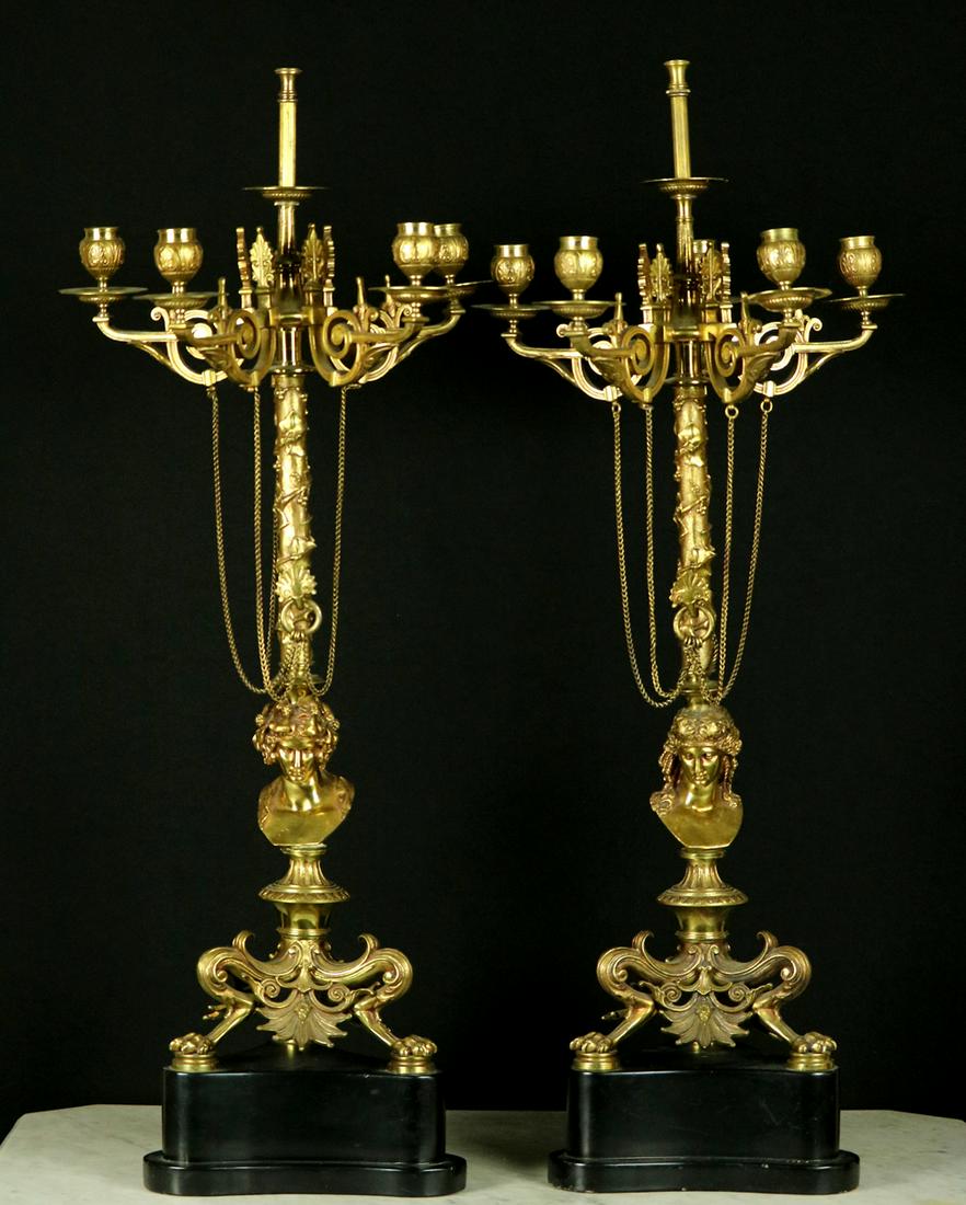 Very Impressive Pair of Antique Empire Style DORE: Very Impressive Pair of Antique Empire Style DORE Bronze five-lights Figural Candelabras. Very ornate with superb quality details. Probably French. Height: 34 1/2"Detailed condition reports are not in