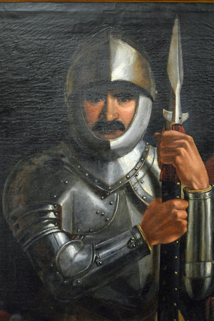 Fine antique oil on canvas painting of armed with a: Fine Very Large Antique Oil on Canvas Painting of Knight Armed with a Sword in Full Suite of Armor. Tiny repairs on the back of the canvas. Beautiful Massive gold ornate frame. Dimensions: in frame 26