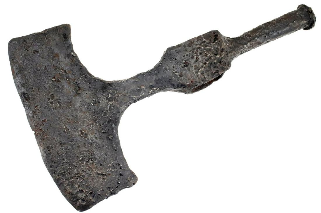 Rare Excavated 10th-12th C. Viking Battle Axe Head in: Rare Excavated 10th-12th C. Viking Battle Axe Head in Good Sound Condition. Total Length (inside scabbard if present) : 10 1/2", Blade Length : 6".Detailed condition reports are not included in this c