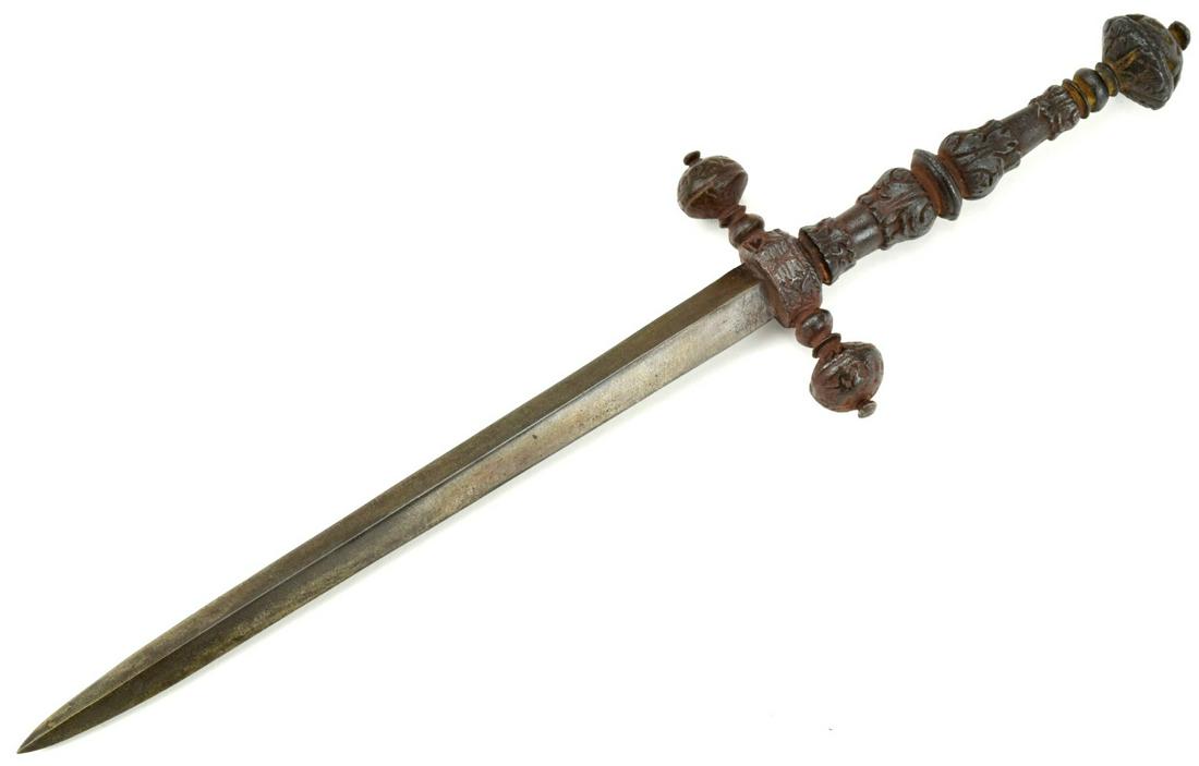 Good 16th-17th C. Italian or French Stiletto Dagger: Good 16th-17th C. Italian or French Stiletto Dagger with Super-Strong Diamond Section Blade & Chiseled Iron Hilt. Total Length (inside scabbard if present) : 11", Blade Length : 6 3/4".Detailed condit