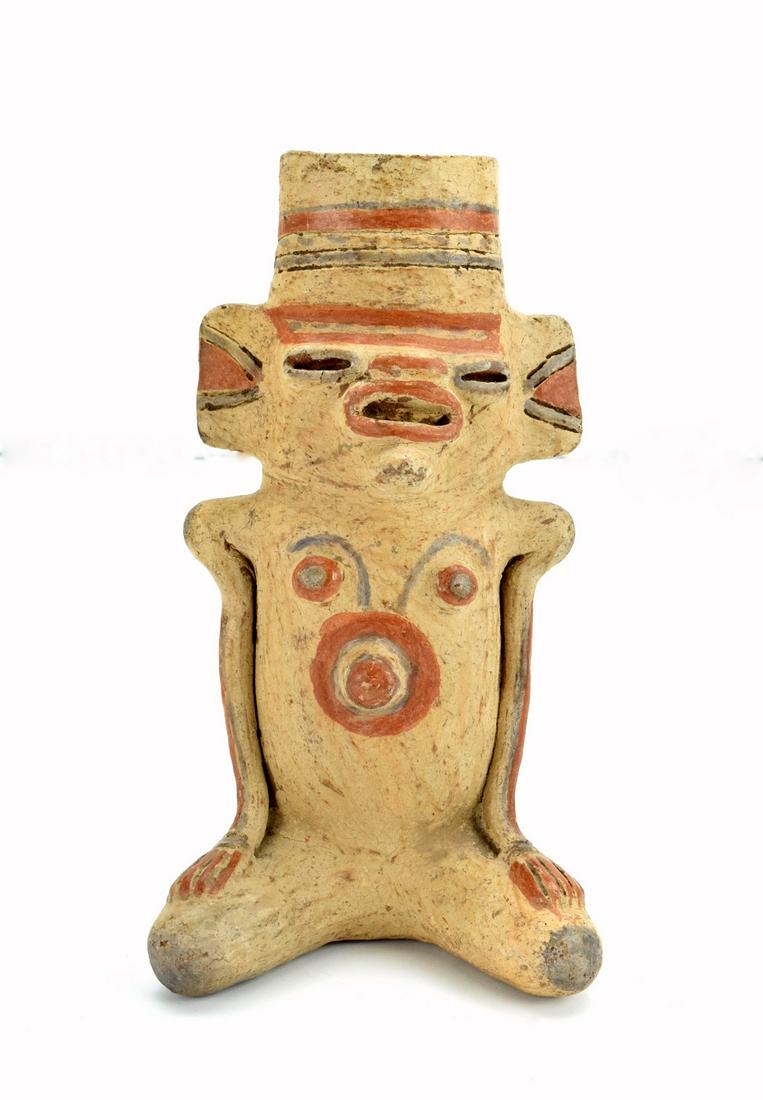 Pre Columbian Polychrome Pottery South American Vessel: Up for the auction is a very fine Pre-Columbian pottery vessel female figurine, South America. Came from the old Denver estate of antiquities collector. Vessel is 8,75" height