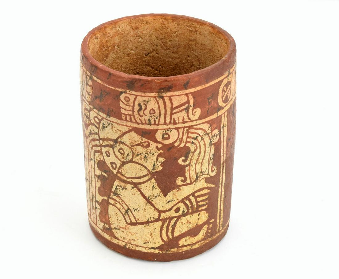 Pre-Columbian Mayan Aztec Terracotta Polychrome Vessel: Ancient Important Pre Columbian Maya Polychrome Painted Ritual Cylinder Vessel Late Classic. A ritual vessel with wonderful decoration.Vessel is 6,25" x 4,45"