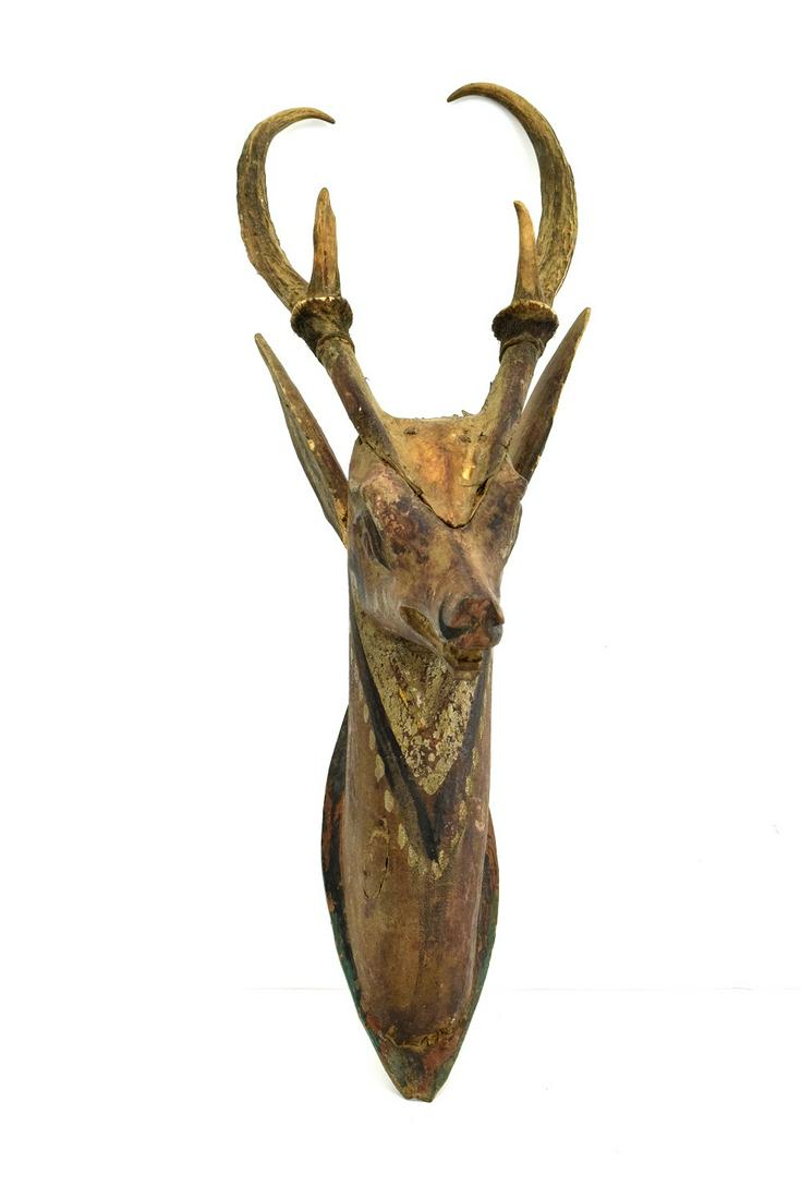 Antique Wooden Carved Deer Head with Original Antlers: 19th Century Black Forest carved deer or stag head & antlers mounted plaque, Germany or Swiss. The antlers and head are all hand carved, mounted onto a plaque. With a beautiful patina and tactile qual