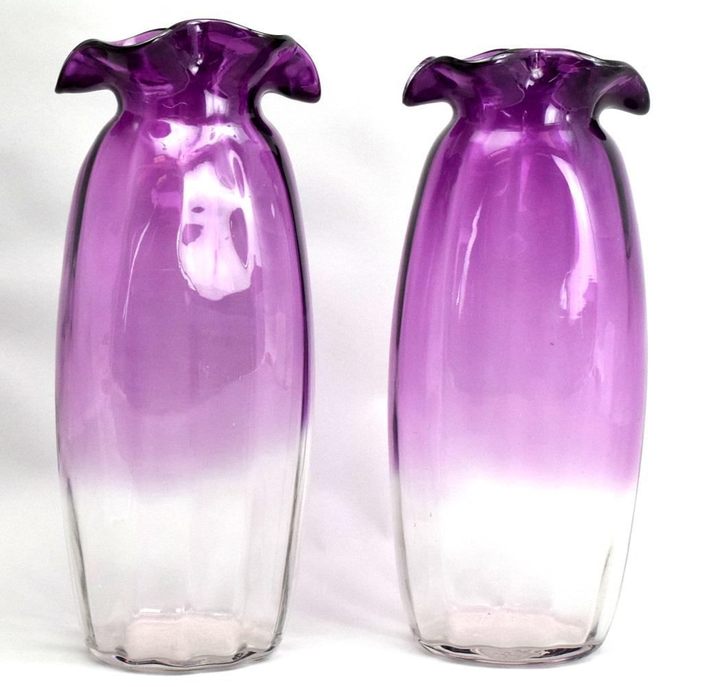 Pair Rare Steuben Rosaline Alabaster Flared Vases: Hard to find matching pair of rosaline alabaster flared art glass Steuben vases. c.1920-1925. Great condition with no chips or damage.Each vase is 14,5" x 6".