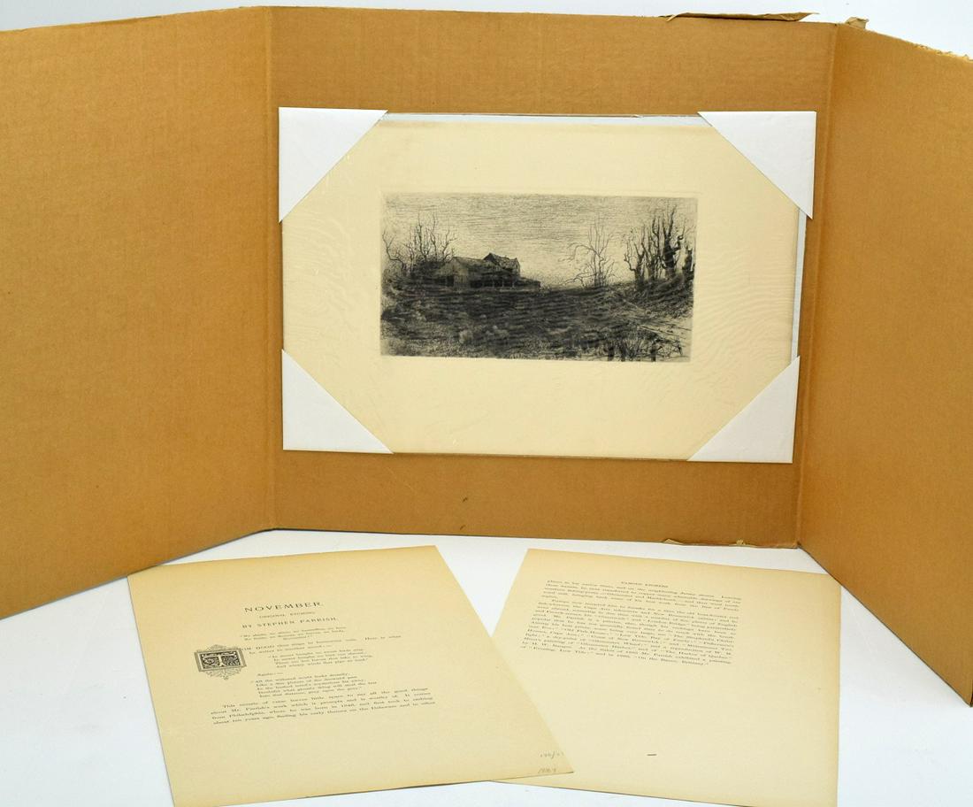 Stephen Parrish " November " Original Etching With: Up for the auction is a very fine Stephan Parrish " November" original etching with extra article. Etching image is 10,5" x 5,5". Extra article with Stephan Parrish biography.
