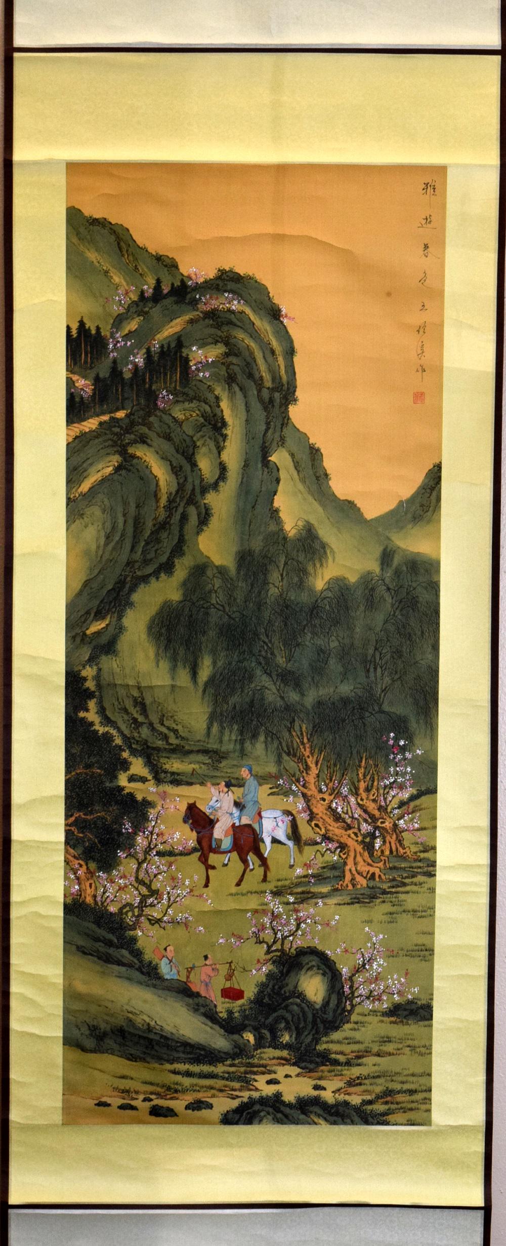 Ching Dynasty Chinese Scroll Painting: Fine quality antique Chinese watercolor scroll painting on silk depicting village scenes with two men on horses. Nice details, bright strong colors. Signed.