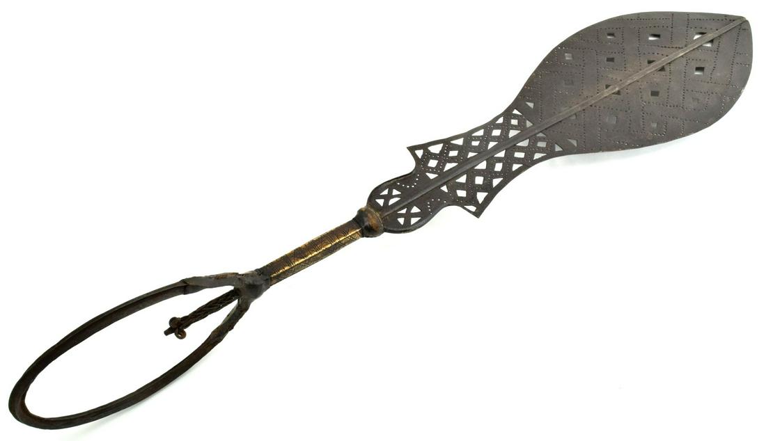 Large and Rare African Tribal Currency Sword Knife: Large and Rare African Tribal Currency Sword Knife Dagger. An impressive large example of the African weapon also used as currency. Iron body with pierced decorations and 4 carved bone grip scales. Ci