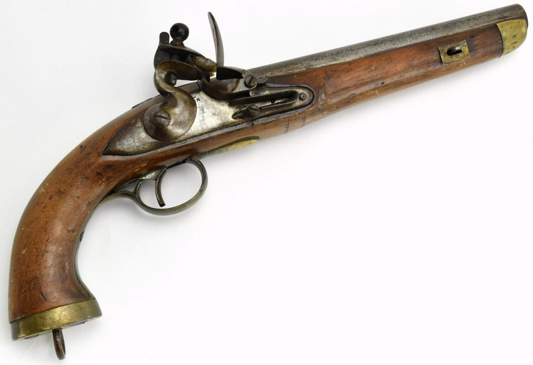 Large Belgian 19th C. Navy Flint-Lock Pistol: Large Belgian 19th C. Navy Flint-Lock Pistol. Length : 15 1/2" Detailed condition reports are not included in this catalog. For additional information, including condition reports, please contact us a