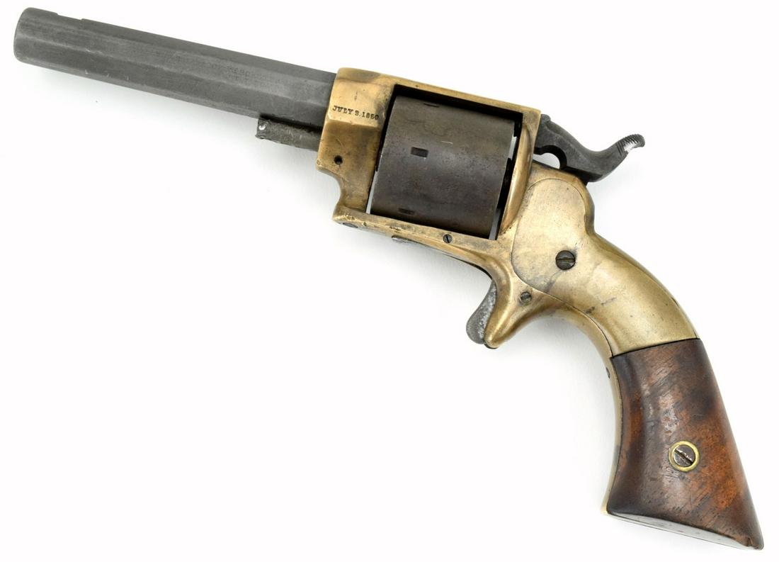 Civil War era Prescott 32 cal rimfire side hammer: Civil War era Prescott 32 cal rimfire side hammer revolver. Less than a 1000 made. Featuring redwood grips and brass frame. Total Length : 9". Detailed condition reports are not included in this catal