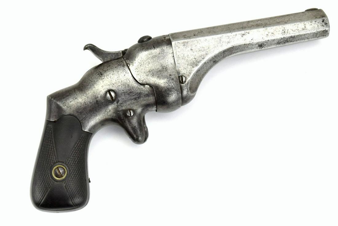 Rare Hammond bulldog single shot pistol manufactured by: Rare Hammond bulldog single shot pistol manufactured by Connecticut Firearms between 1866-1884. 44 cal rimfire, factory checkered hard rubber grips, swing out breech. Total Length : 8 1/2" Detailed co