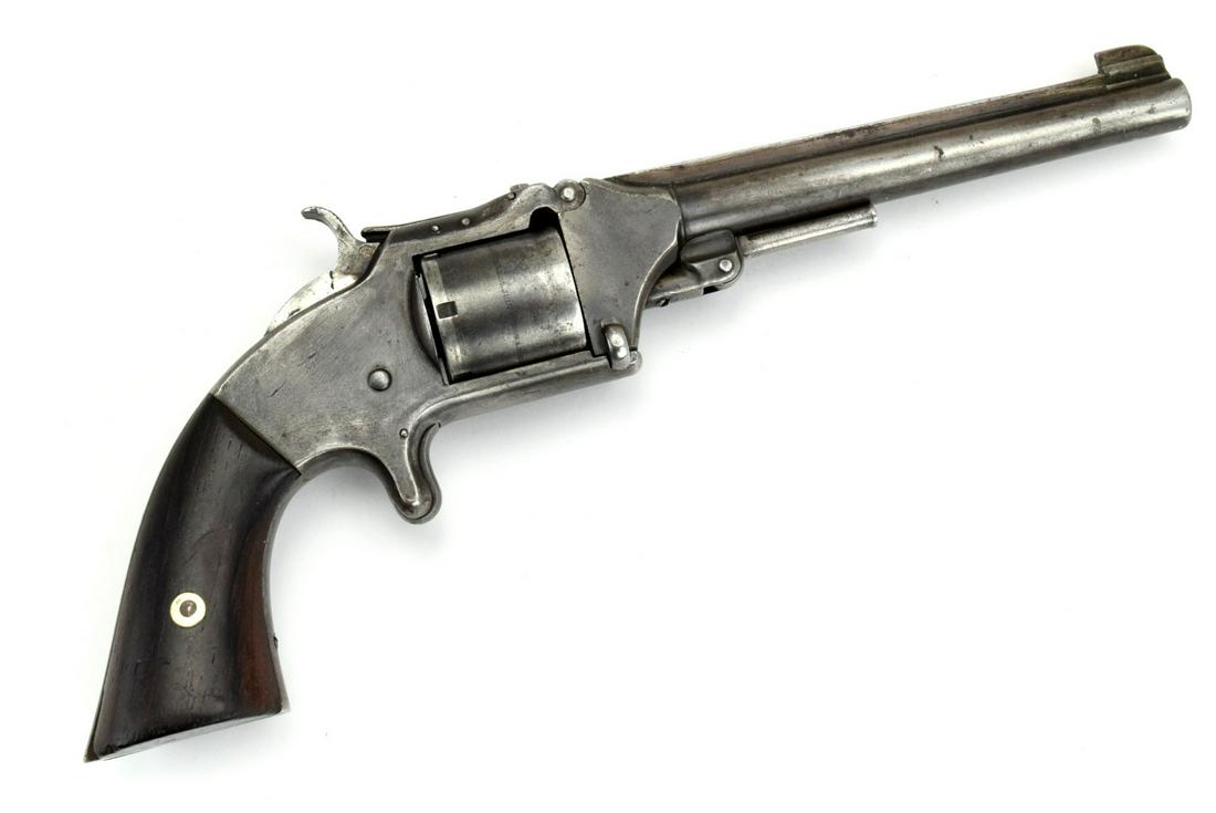Unusual, possibly factory altered Smith Wesson N2 Old: Unusual, possibly factory altered Smith Wesson N2 Old Army revolver. Originally in 32 rim fire, this gun was converted to shoot 22 cal, with target front sight and added rear sight. A loading lever wa