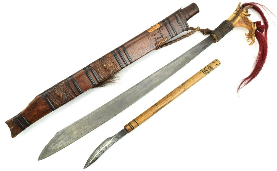 Nice Indonesian Kalimantan, Borneo MANDAU Sword of: Nice Indonesian Kalimantan, Borneo MANDAU Sword of Dayak Headhunters ~ Layered Steel Blade.A distinctive Bornean sword of the Iban Dayak, called a Mandau, these swords arefound throughout institutiona