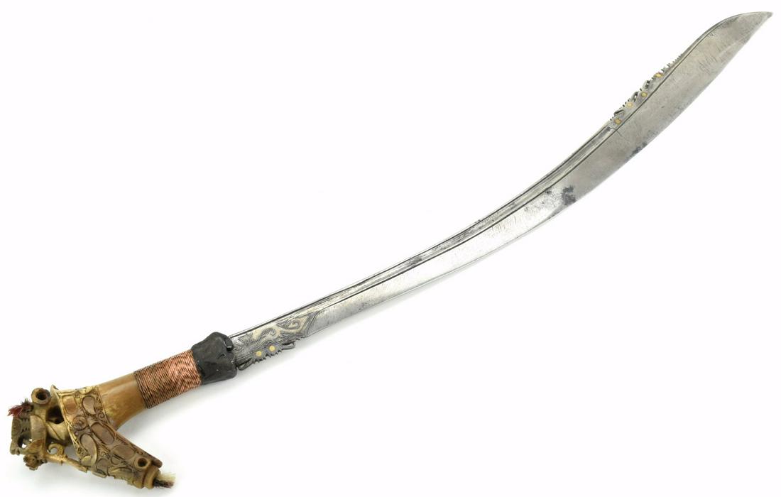 Rare 19th - early 20th C. Indonesian JIMPUL Sword ~: A distinctive Bornean sword of the Iban Dayak, called a jimpul, these swords arefound throughout institutional and private collections in varying degrees of quality. They aredistinguished by a set of 