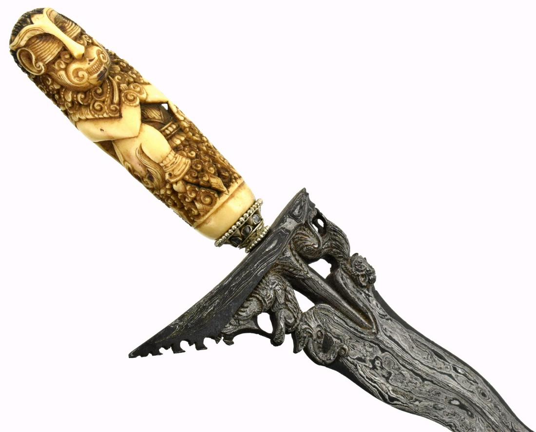 Rare 19th-early 20th C. Indonesian Cirebon, Java KERIS: Javanese keris, are some of the most highly variegated objects in the world of arms and armor. Despite maintaining a distinct overall form and shape, the variation, in particular of the style of blade