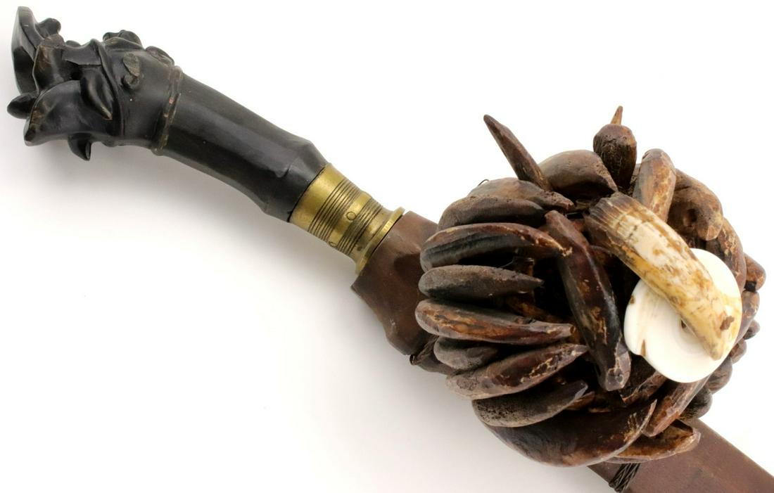 Rare mid-20th C. Indonesian Nias BALATO Sword ~: A rare sword of the Nias islands near Sumatra, this sword is called a balato and is of the classic balato form but with the distinctive carved hilt in the form of a dragonhead called a lasara. This re